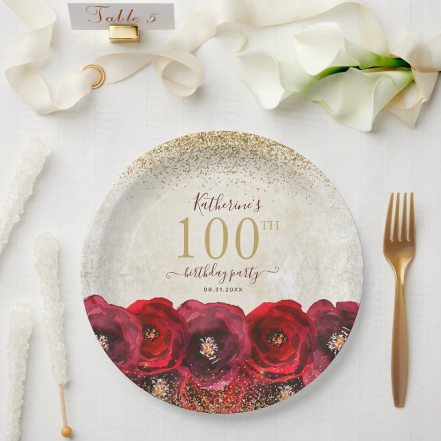 Elegant Red Rose Floral Gold 100th Birthday Party Paper Plate (Wedding)