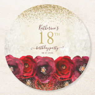 Elegant Red Rose Floral Gold 18th Birthday Party Round Paper Coaster