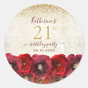 Elegant Red Rose Floral Gold 21st Birthday Party Classic Round Sticker