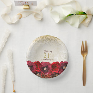 Elegant Red Rose Floral Gold 21st Birthday Party Paper Plate