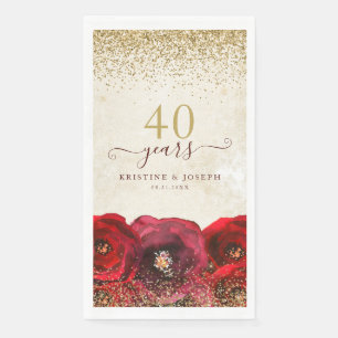 Elegant Red Rose Floral Gold 40th Anniversary Napkin