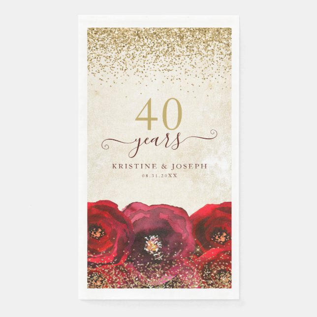 Elegant Red Rose Floral Gold 40th Anniversary Napkin (Front)