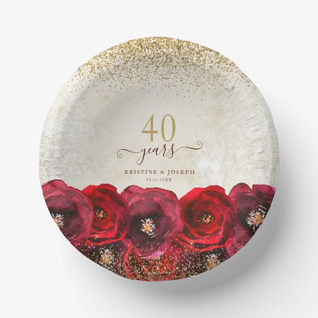 Elegant Red Rose Floral Gold 40th Anniversary Paper Plate (Front)