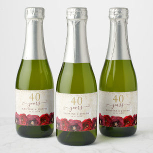 Elegant Red Rose Floral Gold 40th Anniversary Sparkling Wine Label
