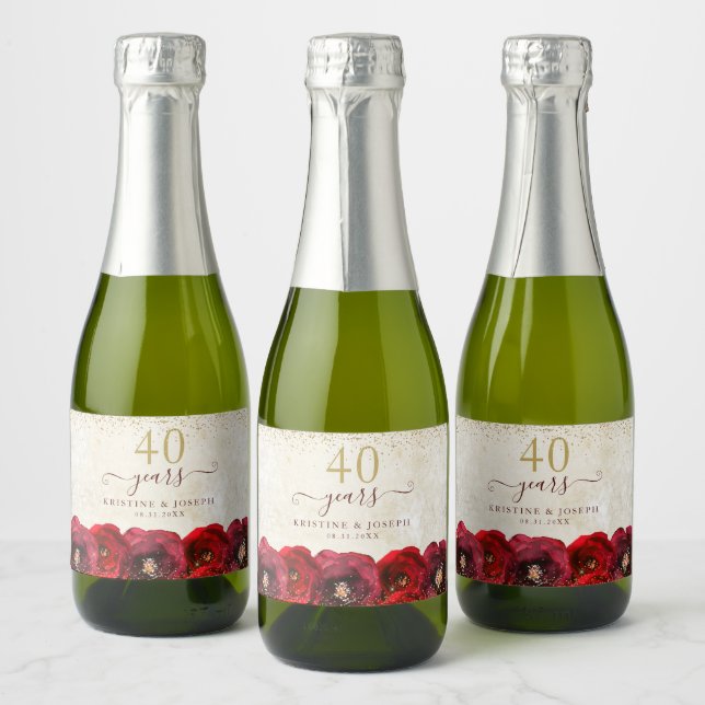 Elegant Red Rose Floral Gold 40th Anniversary Sparkling Wine Label (Bottles)