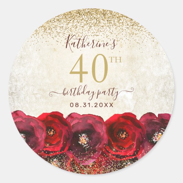 Elegant Red Rose Floral Gold 40th Birthday Party Classic Round Sticker (Front)