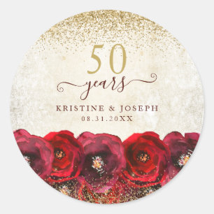 Elegant Red Rose Floral Gold 50th Anniversary Classic Round Sticker