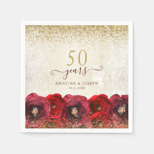 Elegant Red Rose Floral Gold 50th Anniversary Napkin