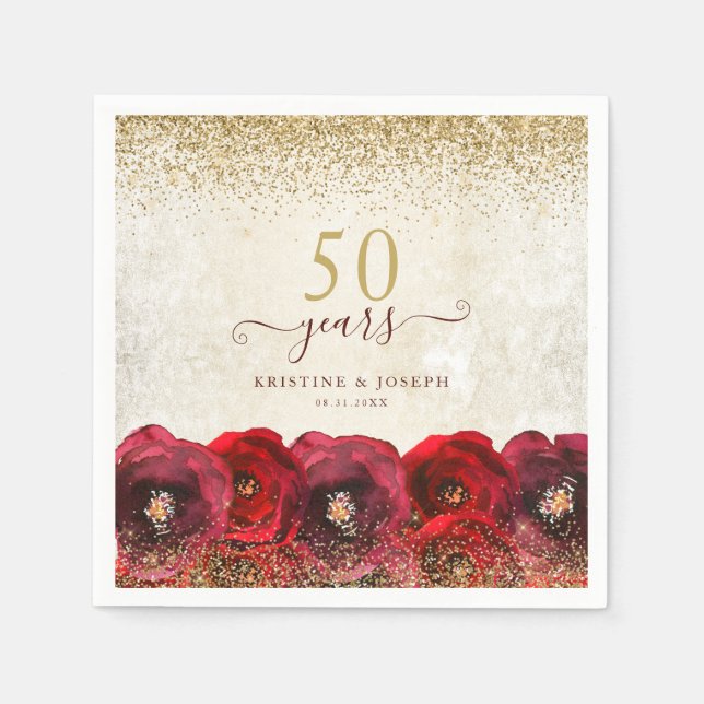 Elegant Red Rose Floral Gold 50th Anniversary Napkin (Front)