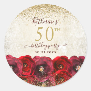 Elegant Red Rose Floral Gold 50th Birthday Party Classic Round Sticker