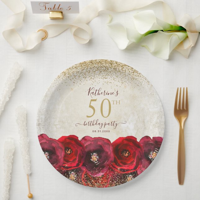 Elegant Red Rose Floral Gold 50th Birthday Party Paper Plate (Wedding)