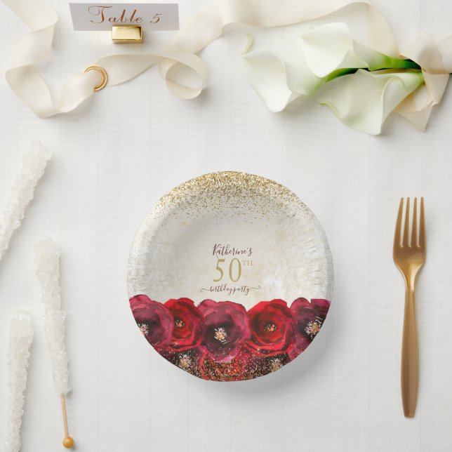Elegant Red Rose Floral Gold 50th Birthday Party Paper Plate (Wedding)