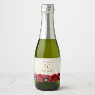 Elegant Red Rose Floral Gold 50th Birthday Party Sparkling Wine Label