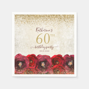 Elegant Red Rose Floral Gold 60th Birthday Party Napkin