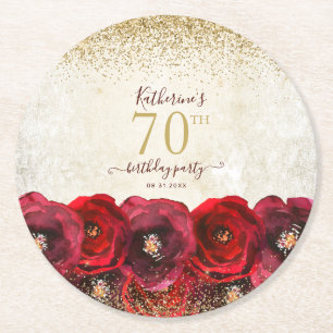 Elegant Red Rose Floral Gold 70th Birthday Party Round Paper Coaster