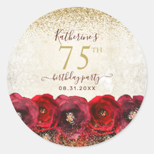 Elegant Red Rose Floral Gold 75th Birthday Party Classic Round Sticker