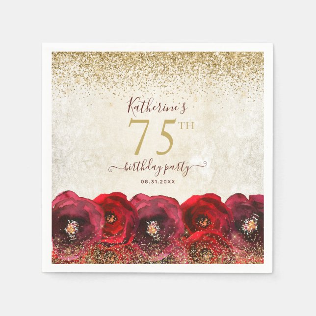 Elegant Red Rose Floral Gold 75th Birthday Party Napkin (Front)