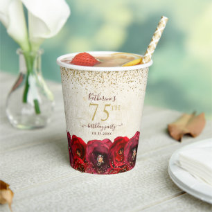 Elegant Red Rose Floral Gold 75th Birthday Party Paper Cups