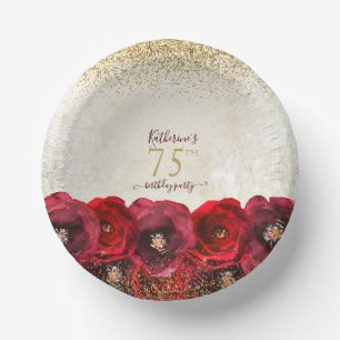 Elegant Red Rose Floral Gold 75th Birthday Party Paper Plate