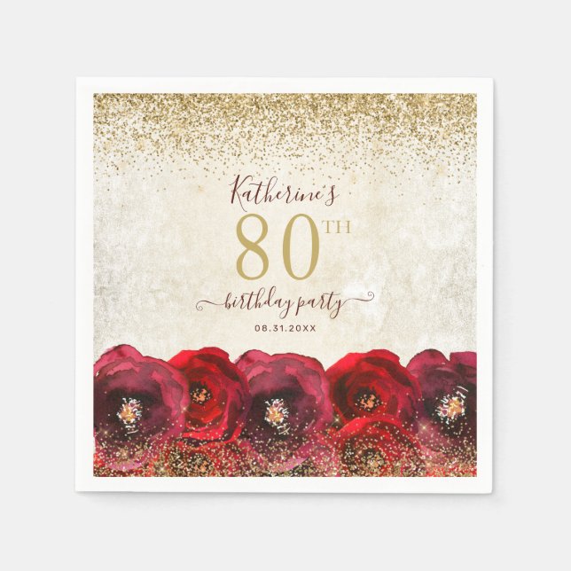 Elegant Red Rose Floral Gold 80th Birthday Party Napkin (Front)