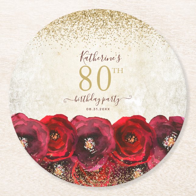 Elegant Red Rose Floral Gold 80th Birthday Party Round Paper Coaster (Front)
