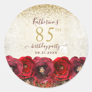 Elegant Red Rose Floral Gold 85th Birthday Party Classic Round Sticker