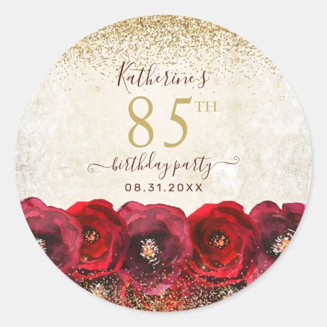 Elegant Red Rose Floral Gold 85th Birthday Party Classic Round Sticker (Front)