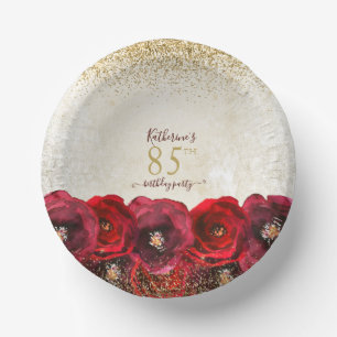 Elegant Red Rose Floral Gold 85th Birthday Party Paper Plate
