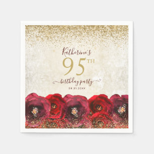 Elegant Red Rose Floral Gold 95th Birthday Party Napkin