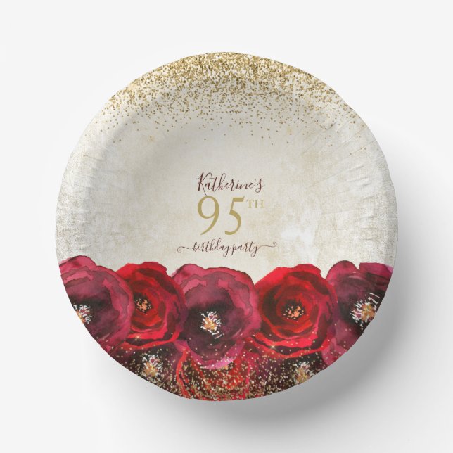 Elegant Red Rose Floral Gold 95th Birthday Party Paper Plate (Front)
