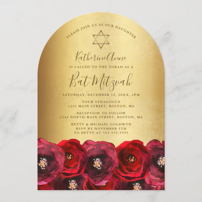 Elegant Red Rose Floral Gold Bat Mitzvah Invitation (Front)