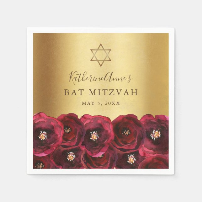 Elegant Red Rose Floral Gold Bat Mitzvah Napkin (Front)