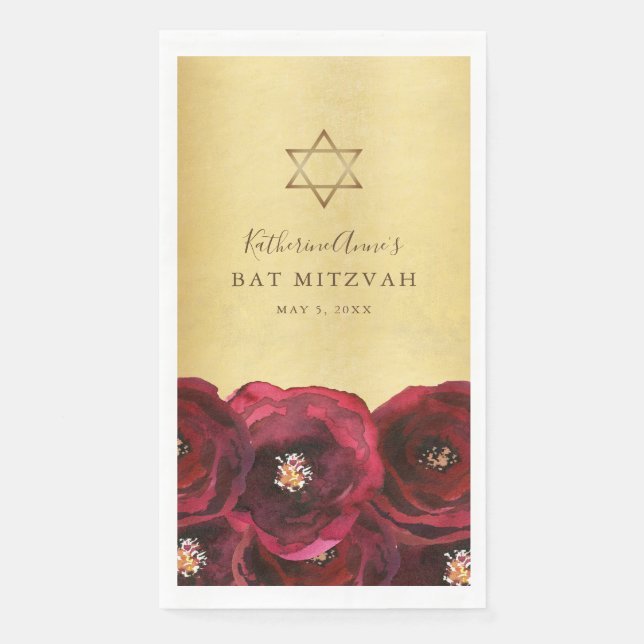 Elegant Red Rose Floral Gold Bat Mitzvah Napkin (Front)