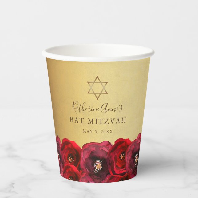 Elegant Red Rose Floral Gold Bat Mitzvah Paper Cups (Front)