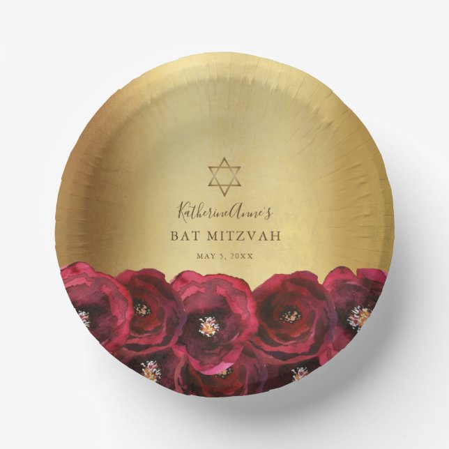 Elegant Red Rose Floral Gold Bat Mitzvah Paper Plate (Front)