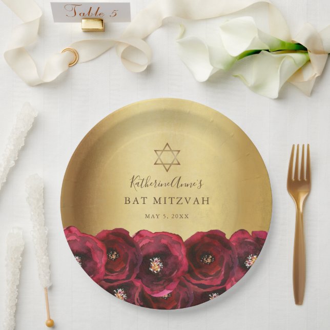 Elegant Red Rose Floral Gold Bat Mitzvah Paper Plate (Wedding)