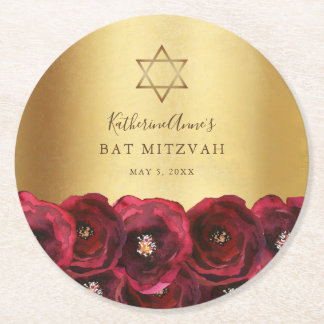 Elegant Red Rose Floral Gold Bat Mitzvah Round Paper Coaster