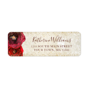 Elegant Red Rose Floral Gold Border Return Address