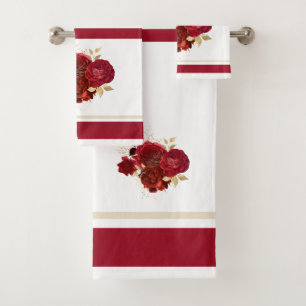 Elegant Red Rose Floral Gold Bouquet Bath Towel Set