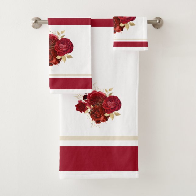 Elegant Red Rose Floral Gold Bouquet Bath Towel Set (Insitu)