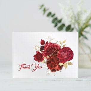 Elegant Red Rose Floral Gold Bouquet Thank You Card