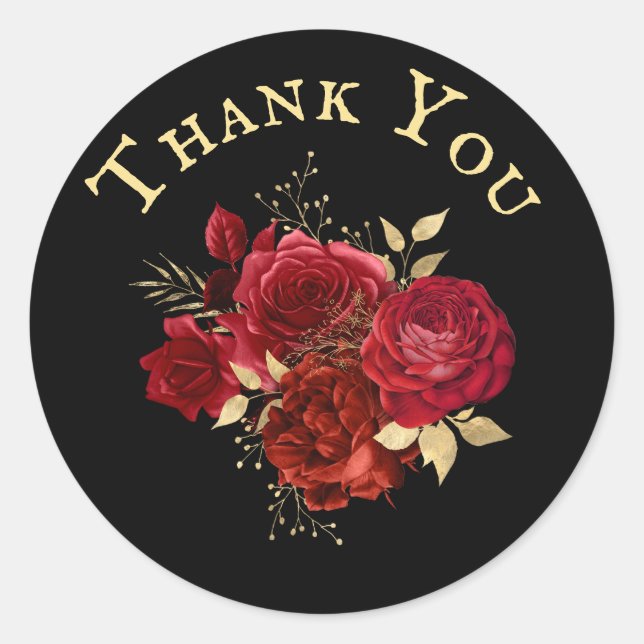 Elegant Red Rose Floral Gold Bouquet Thank You Classic Round Sticker (Front)