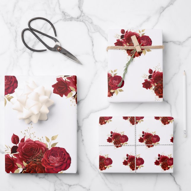 Elegant Red Rose Floral Gold Bouquet Wrapping Paper Sheet (Front)