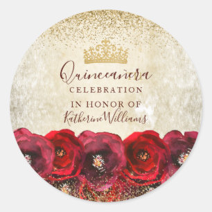 Elegant Red Rose Floral Gold Quinceañera Classic Round Sticker