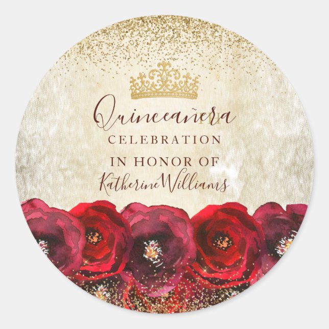 Elegant Red Rose Floral Gold Quinceañera  Classic Round Sticker (Front)