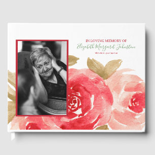 Elegant Red Rose Floral In Loving Memory Funeral Guest Book