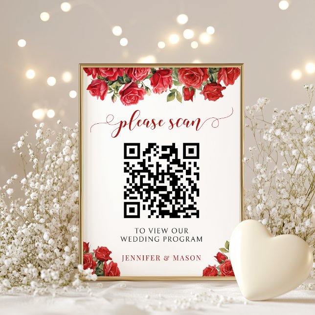 Elegant Red Rose Floral Wedding Program QR Code Poster (Creator Uploaded)