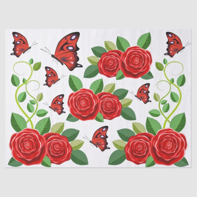 Elegant Red Rose Flower And Butterfly Decoupage Tissue Paper (Front)
