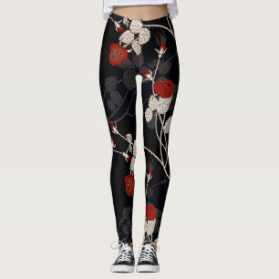 Elegant Red Rose Flower Black Leggings