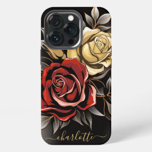 Elegant Red Rose Flower Gold Black iPhone 13 Pro Case